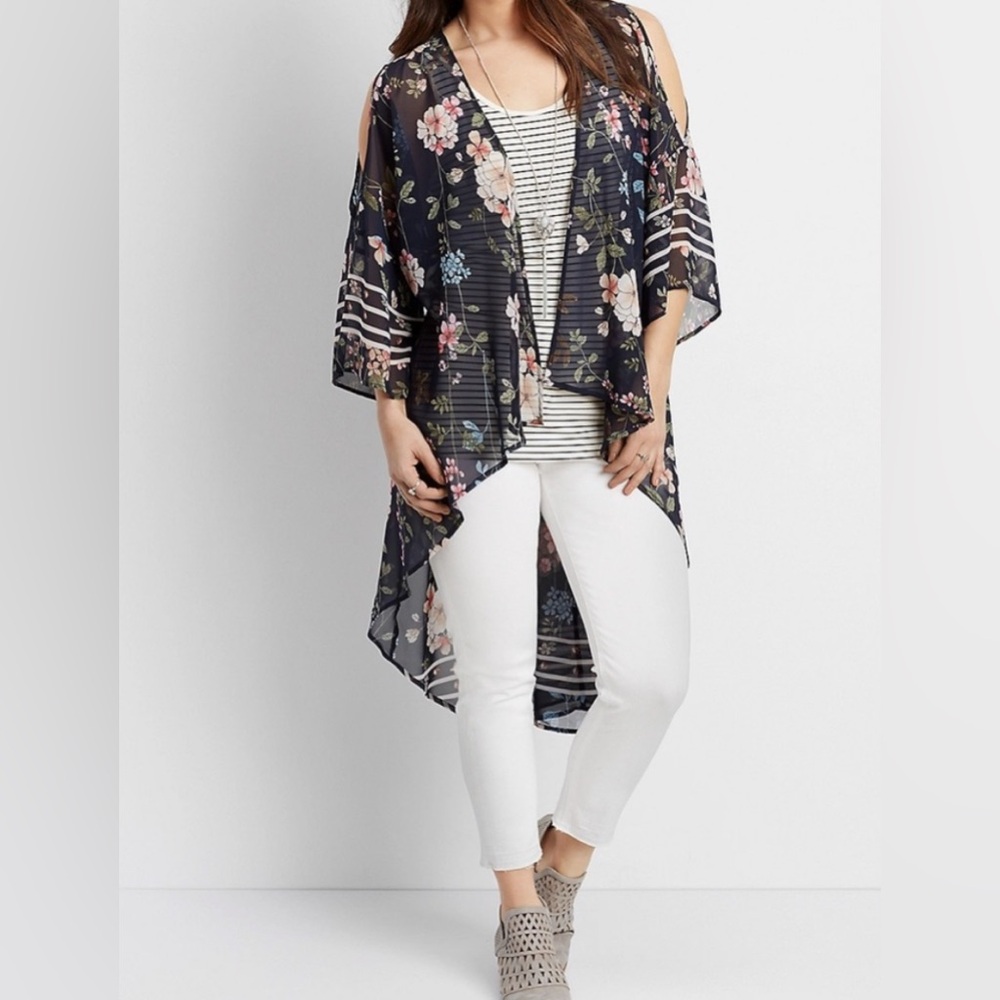 Floral Semi Sheer Kimono Cold Shoulder Hi Lo Hem Cover Up Size L One World